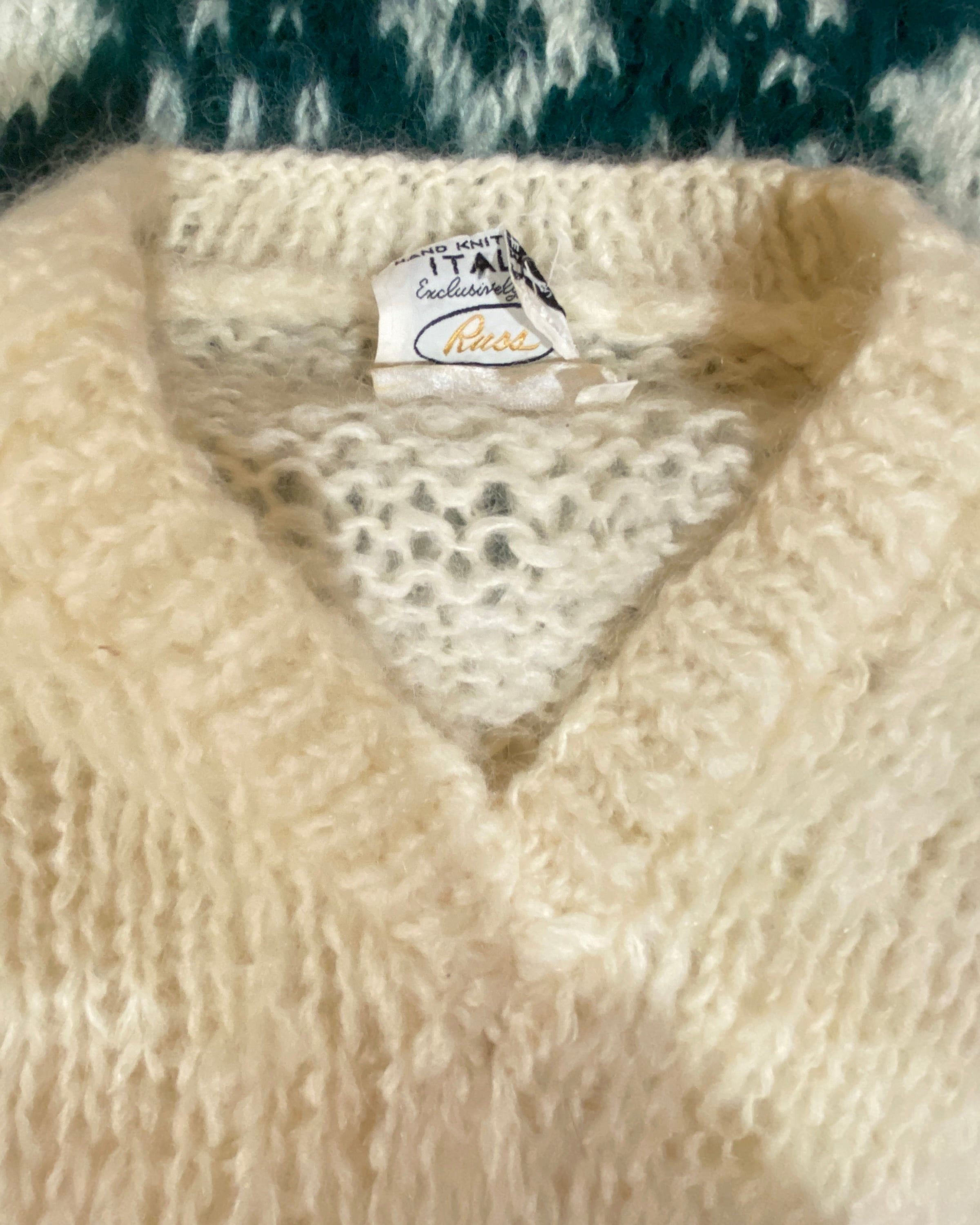 VINTAGE 1950s Hand Knit Ivory and Green Mohair VNeck Sweater Made in Italy S