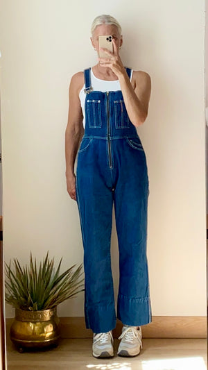Vintage 1970s Dark Wash with White Stitching Zip Up Overalls M