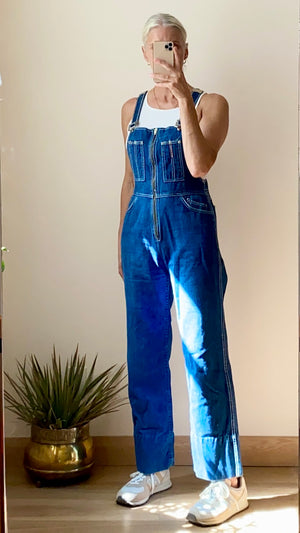 Vintage 1970s Dark Wash with White Stitching Zip Up Overalls M