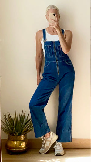 Vintage 1970s Dark Wash with White Stitching Zip Up Overalls M