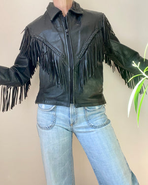 Vintage 1980s Black Fringe Biker Motorcycle Heavy Weight Genuine Leather Jacket S M