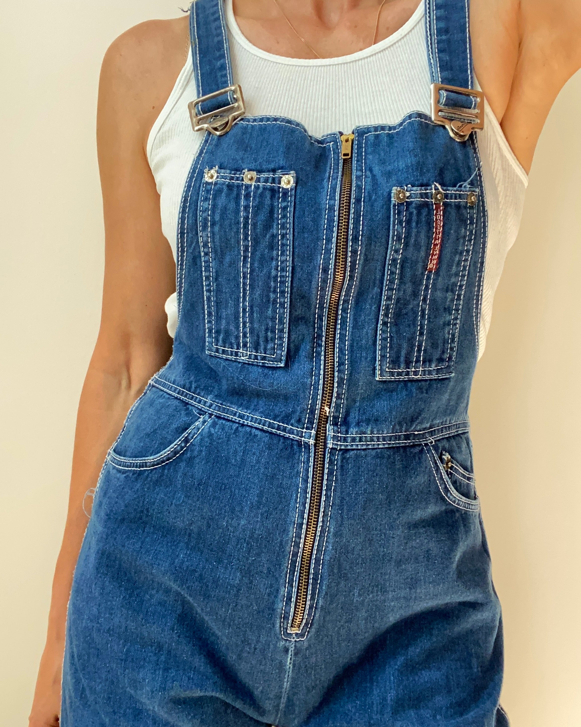 Vintage 1970s Dark Wash with White Stitching Zip Up Overalls M