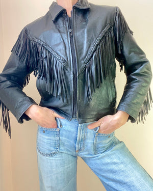 Vintage 1980s Black Fringe Biker Motorcycle Heavy Weight Genuine Leather Jacket S M