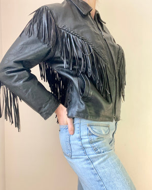 Vintage 1980s Black Fringe Biker Motorcycle Heavy Weight Genuine Leather Jacket S M