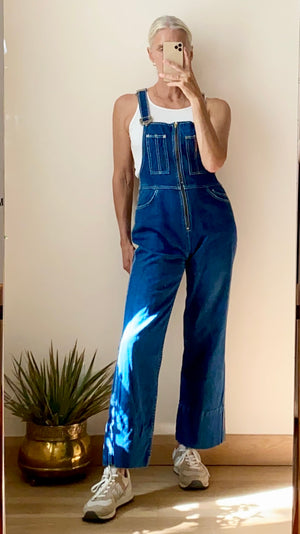 Vintage 1970s Dark Wash with White Stitching Zip Up Overalls M