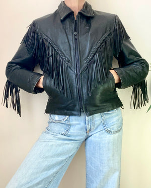 Vintage 1980s Black Fringe Biker Motorcycle Heavy Weight Genuine Leather Jacket S M