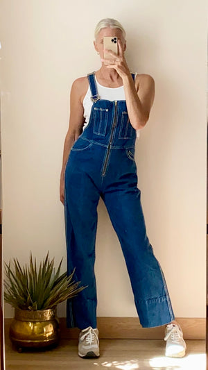 Vintage 1970s Dark Wash with White Stitching Zip Up Overalls M