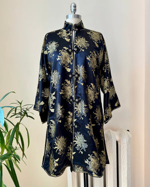Vintage Black Silk with Gold Chrysanthemum Floral Brocade and Frog Buttons and Mandarin Collar Tunic Jacket Kimono
