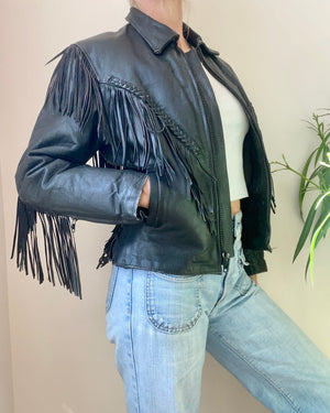 Vintage 1980s Black Fringe Biker Motorcycle Heavy Weight Genuine Leather Jacket S M