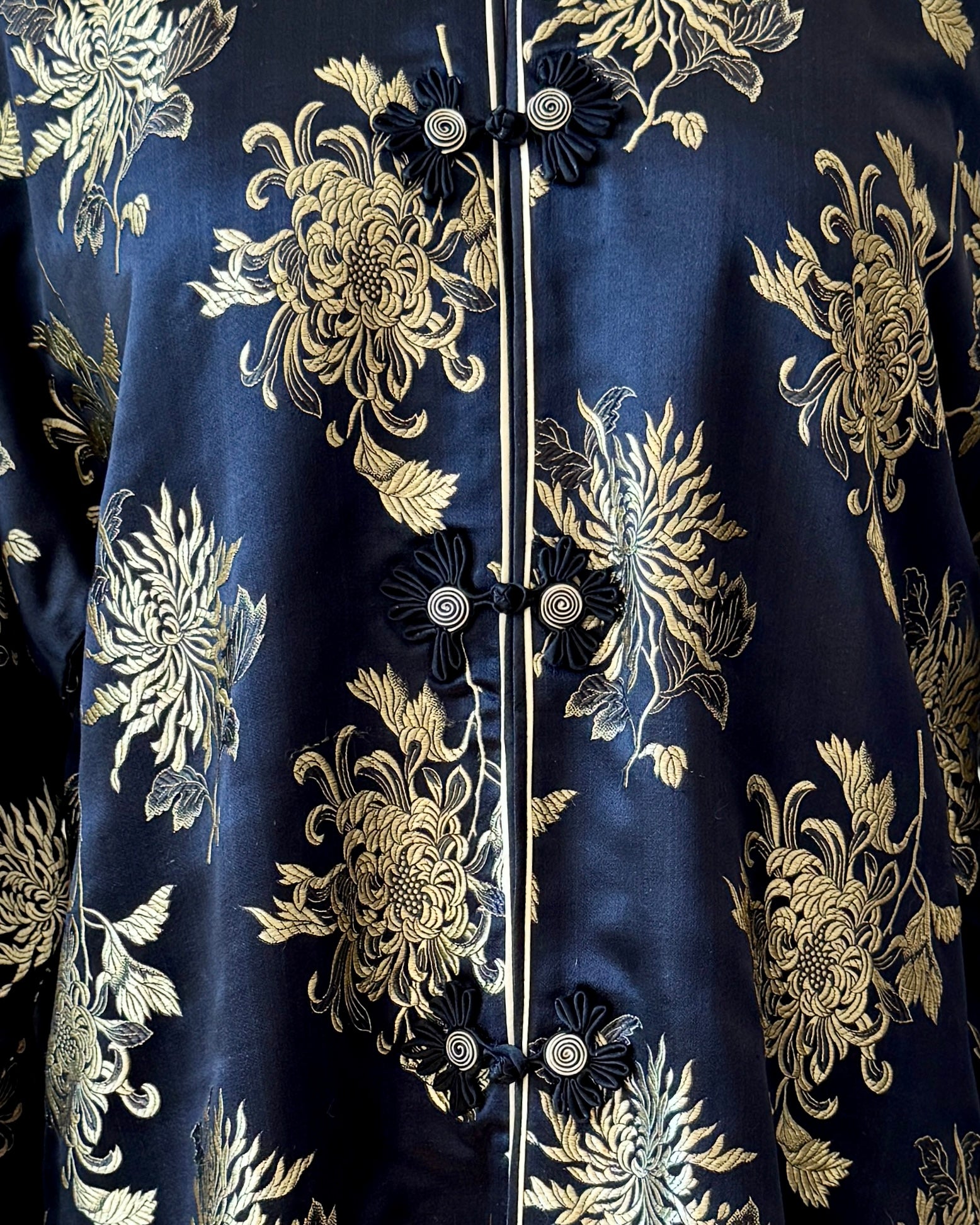 Vintage Black Silk with Gold Chrysanthemum Floral Brocade and Frog Buttons and Mandarin Collar Tunic Jacket Kimono