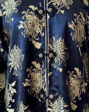 Vintage Black Silk with Gold Chrysanthemum Floral Brocade and Frog Buttons and Mandarin Collar Tunic Jacket Kimono