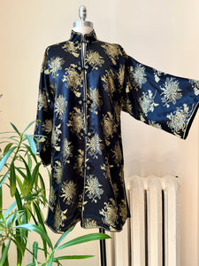 Vintage Black Silk with Gold Chrysanthemum Floral Brocade and Frog Buttons and Mandarin Collar Tunic Jacket Kimono