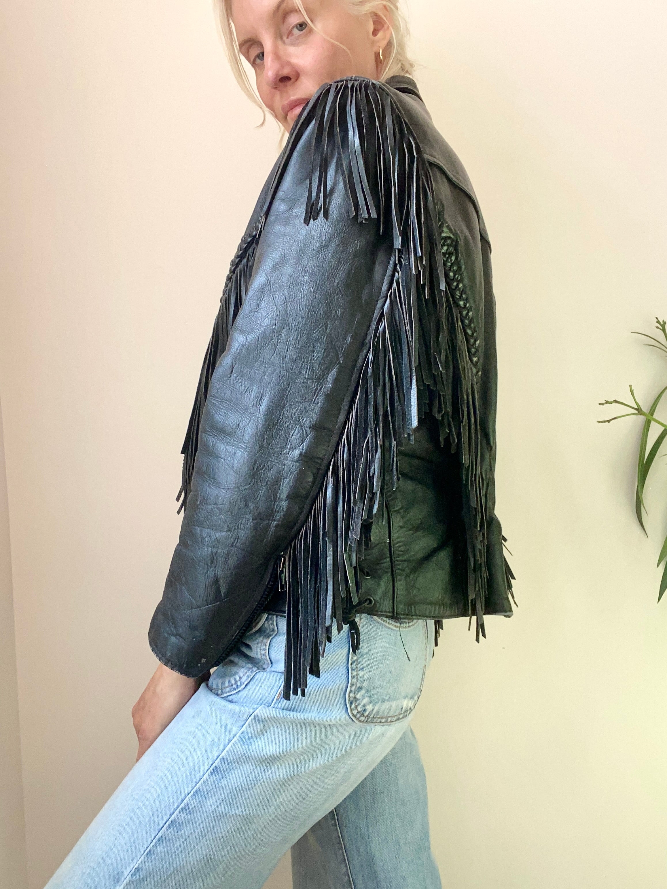 Vintage 1980s Black Fringe Biker Motorcycle Heavy Weight Genuine Leather Jacket S M