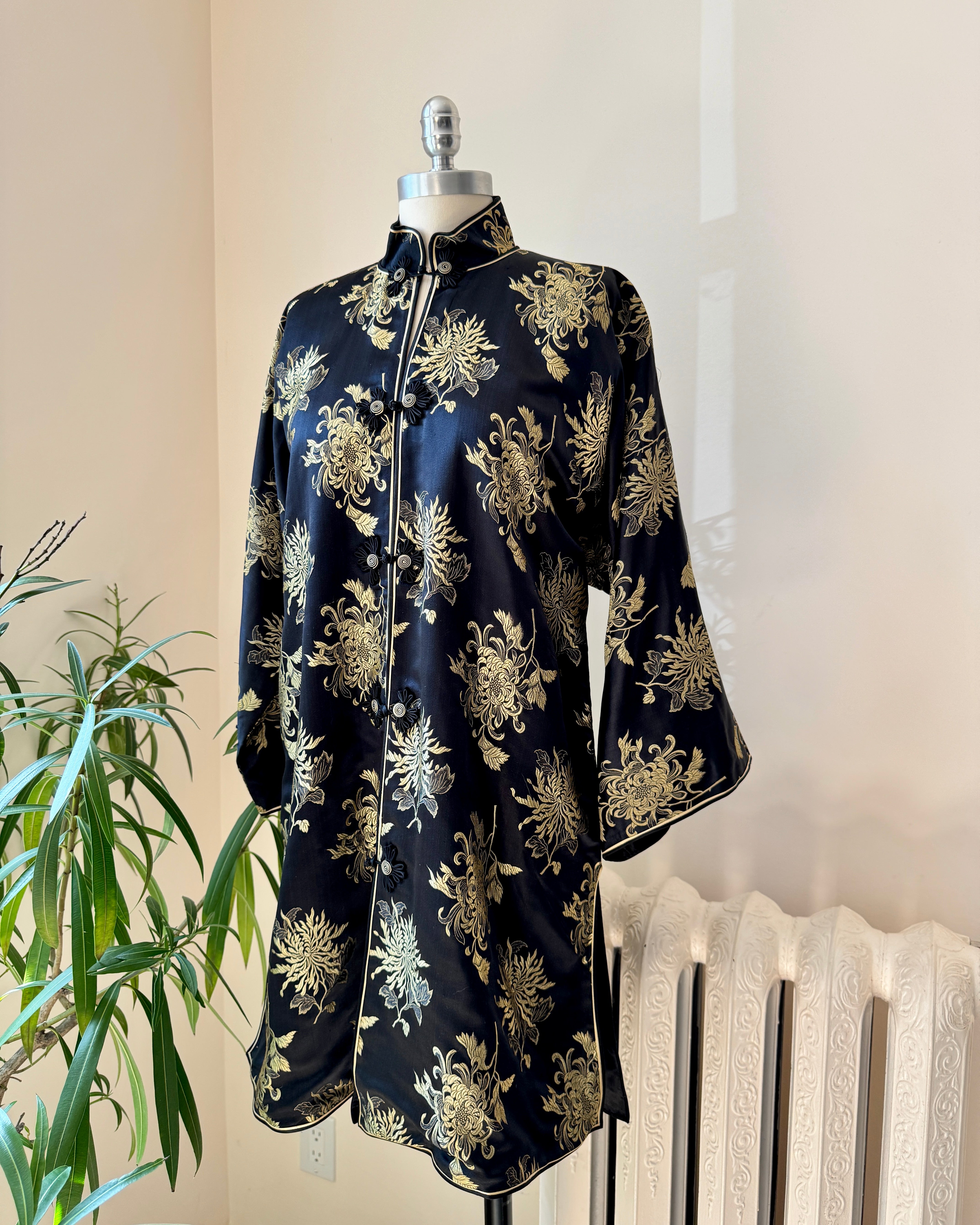 Vintage Black Silk with Gold Chrysanthemum Floral Brocade and Frog Buttons and Mandarin Collar Tunic Jacket Kimono