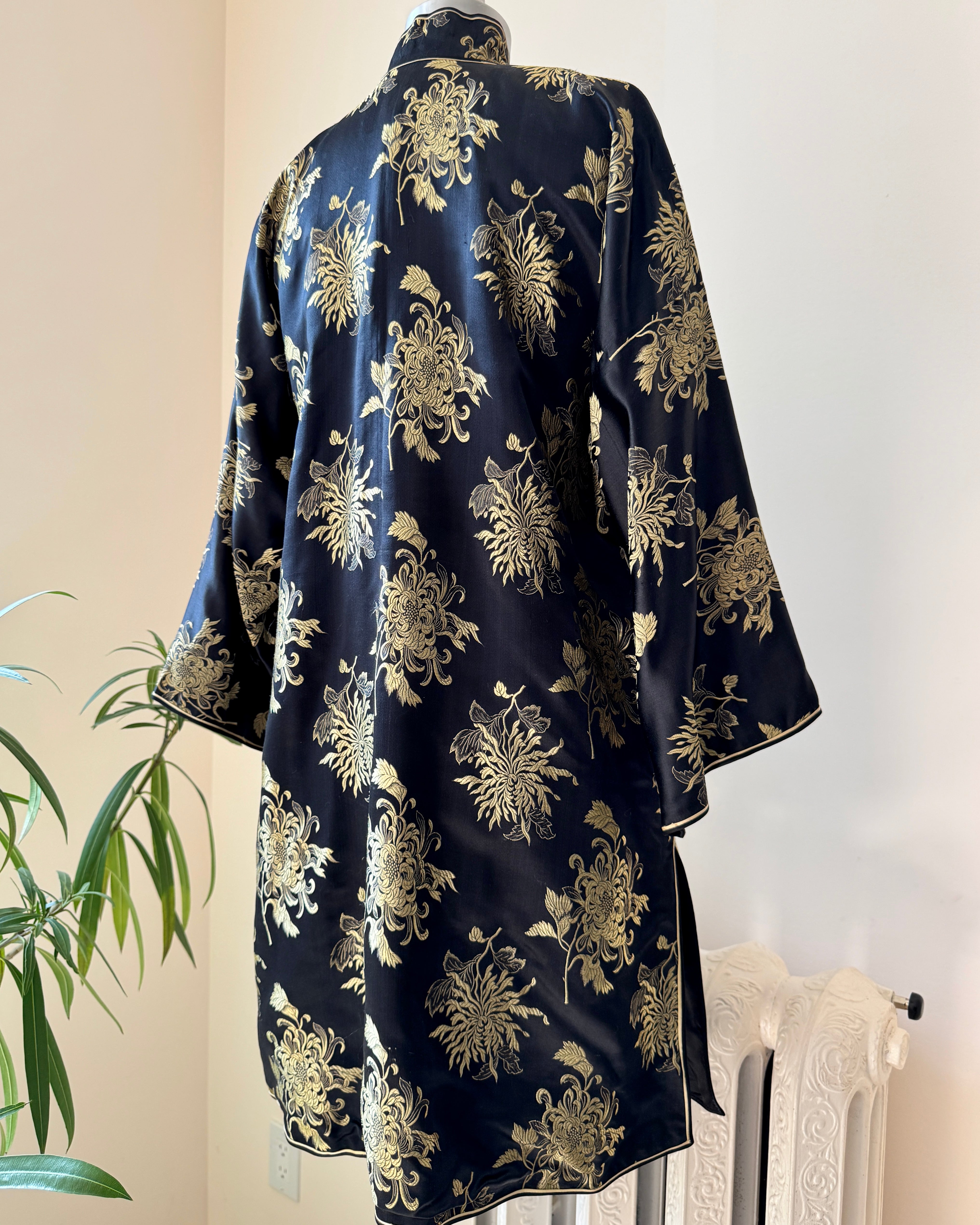 Vintage Black Silk with Gold Chrysanthemum Floral Brocade and Frog Buttons and Mandarin Collar Tunic Jacket Kimono