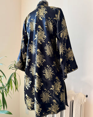 Vintage Black Silk with Gold Chrysanthemum Floral Brocade and Frog Buttons and Mandarin Collar Tunic Jacket Kimono