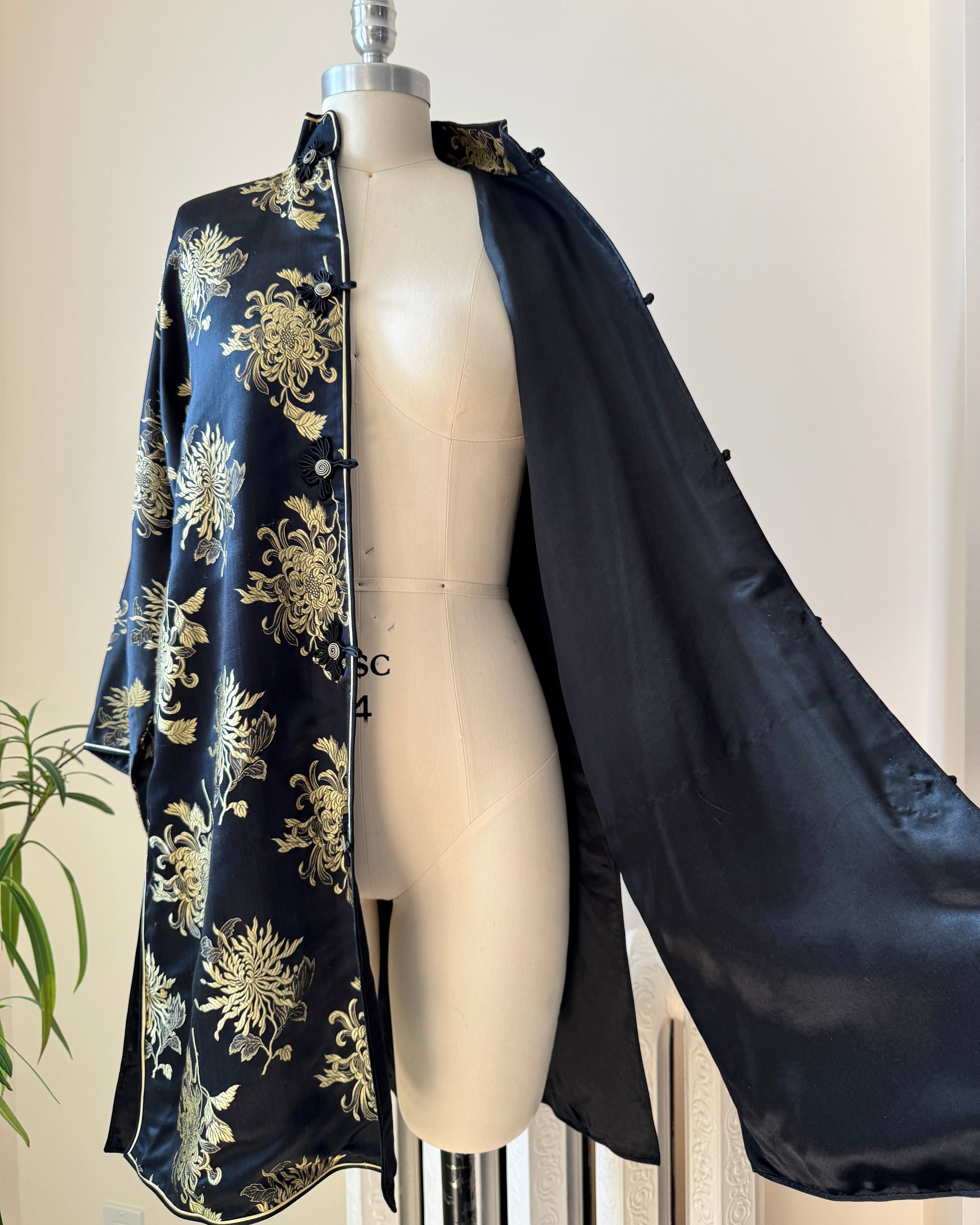 Vintage Black Silk with Gold Chrysanthemum Floral Brocade and Frog Buttons and Mandarin Collar Tunic Jacket Kimono