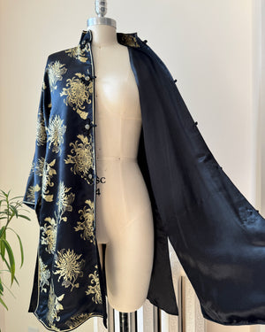 Vintage Black Silk with Gold Chrysanthemum Floral Brocade and Frog Buttons and Mandarin Collar Tunic Jacket Kimono
