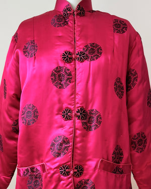 Vintage 1960s Silk Satin Chinese Quilted Brocade Rasberry and Black Jacket with Frog Buttons and Mandarin Collar