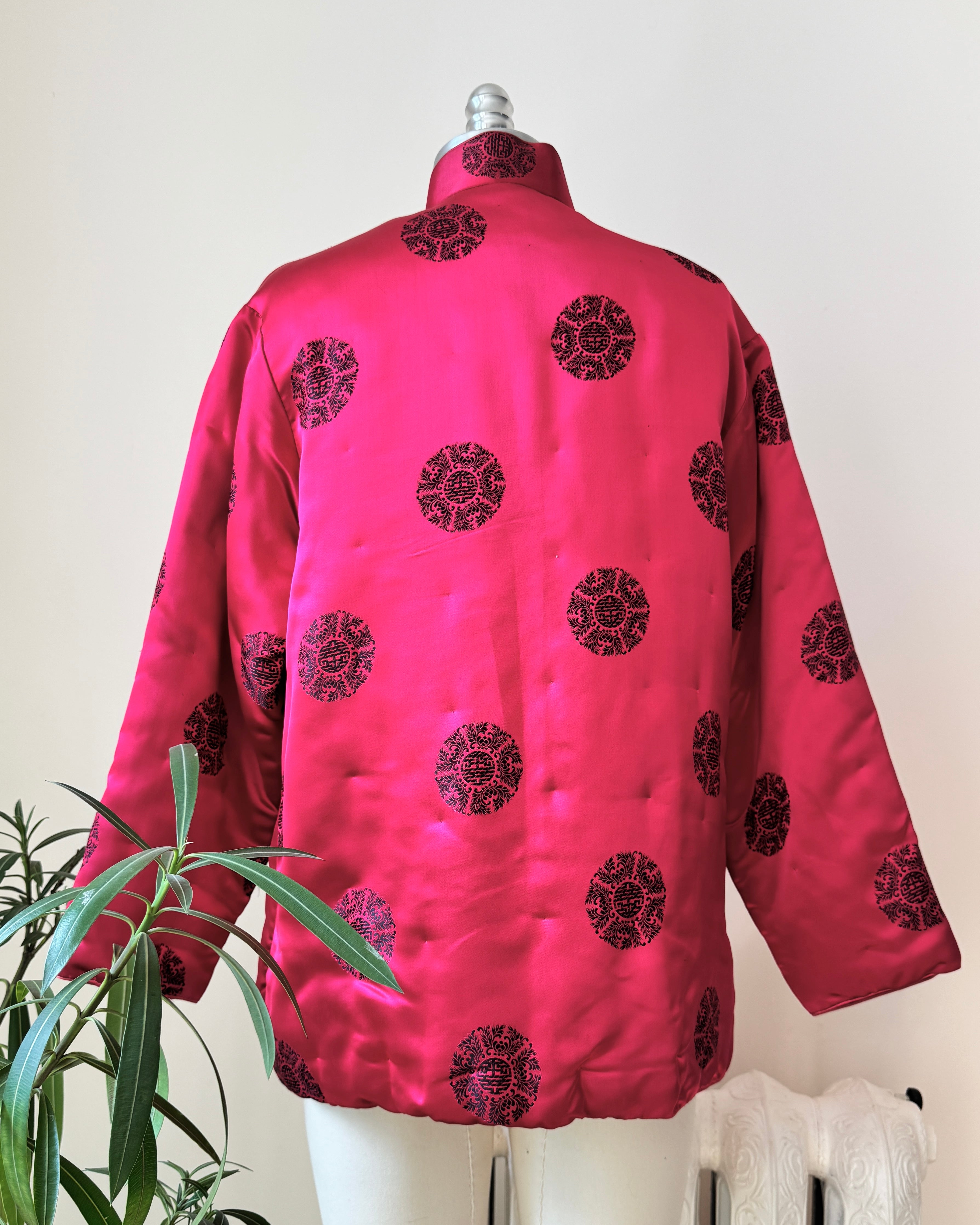Vintage 1960s Silk Satin Chinese Quilted Brocade Rasberry and Black Jacket with Frog Buttons and Mandarin Collar