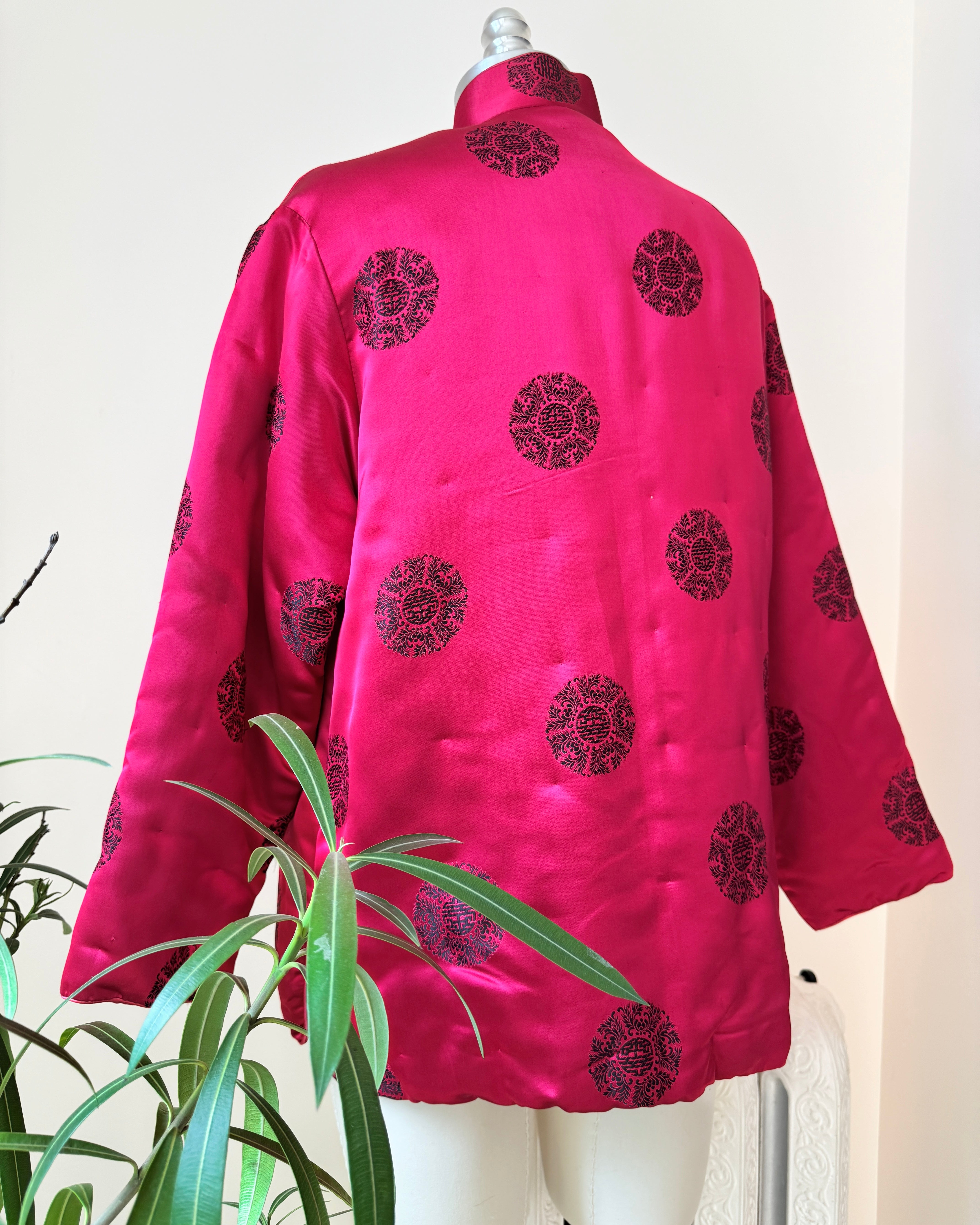 Vintage 1960s Silk Satin Chinese Quilted Brocade Rasberry and Black Jacket with Frog Buttons and Mandarin Collar