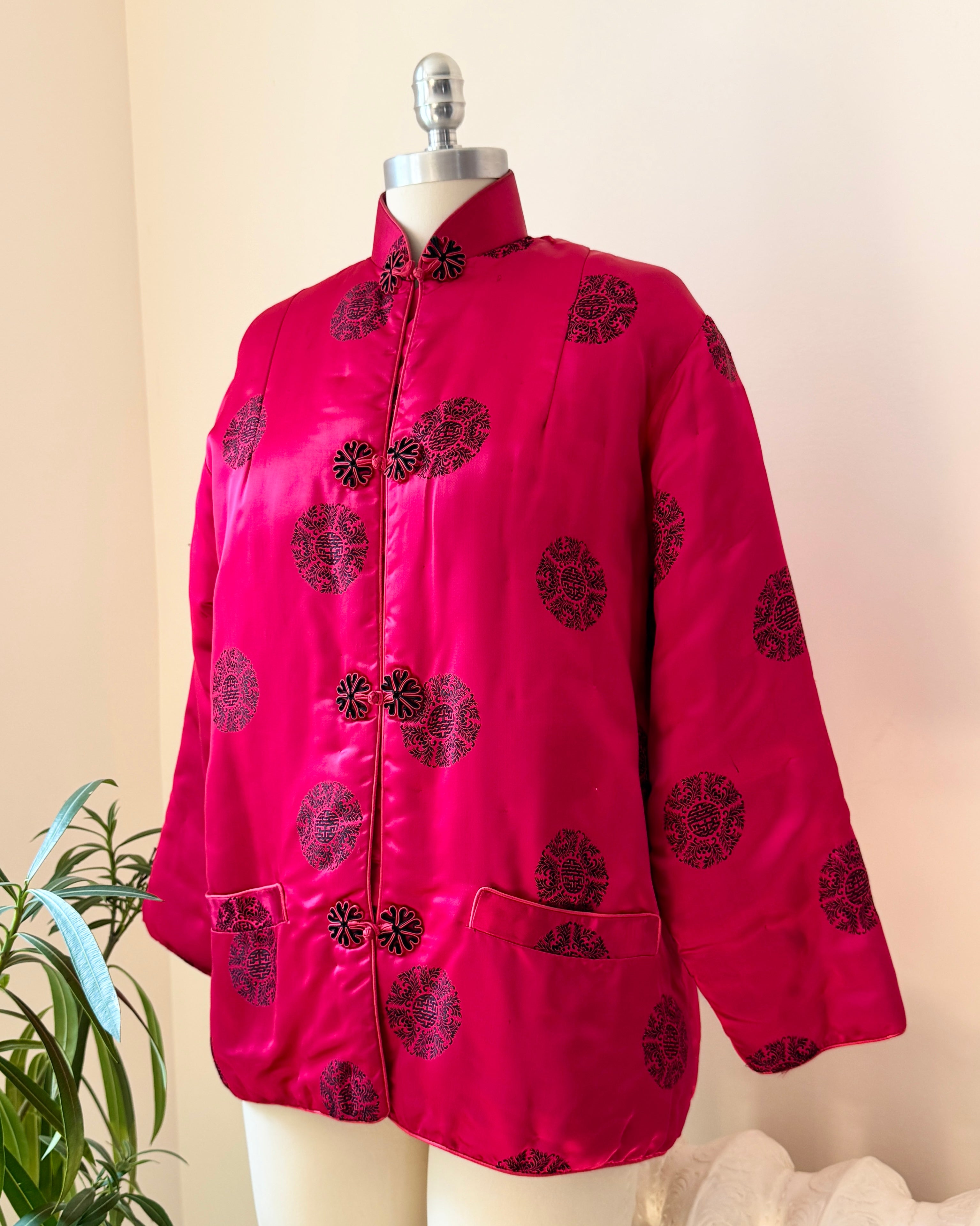 Vintage 1960s Silk Satin Chinese Quilted Brocade Rasberry and Black Jacket with Frog Buttons and Mandarin Collar