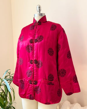 Vintage 1960s Silk Satin Chinese Quilted Brocade Rasberry and Black Jacket with Frog Buttons and Mandarin Collar