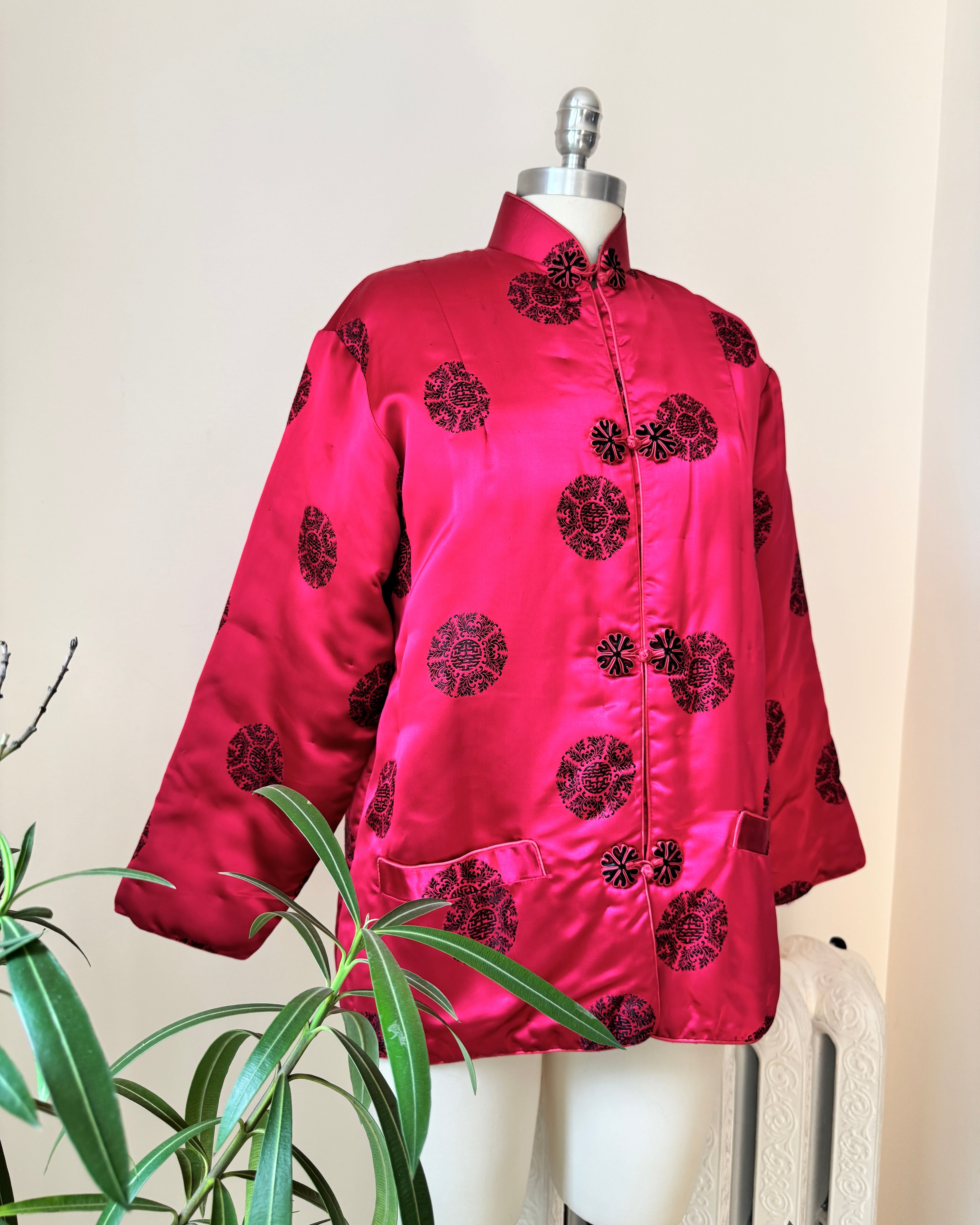 Vintage 1960s Silk Satin Chinese Quilted Brocade Rasberry and Black Jacket with Frog Buttons and Mandarin Collar