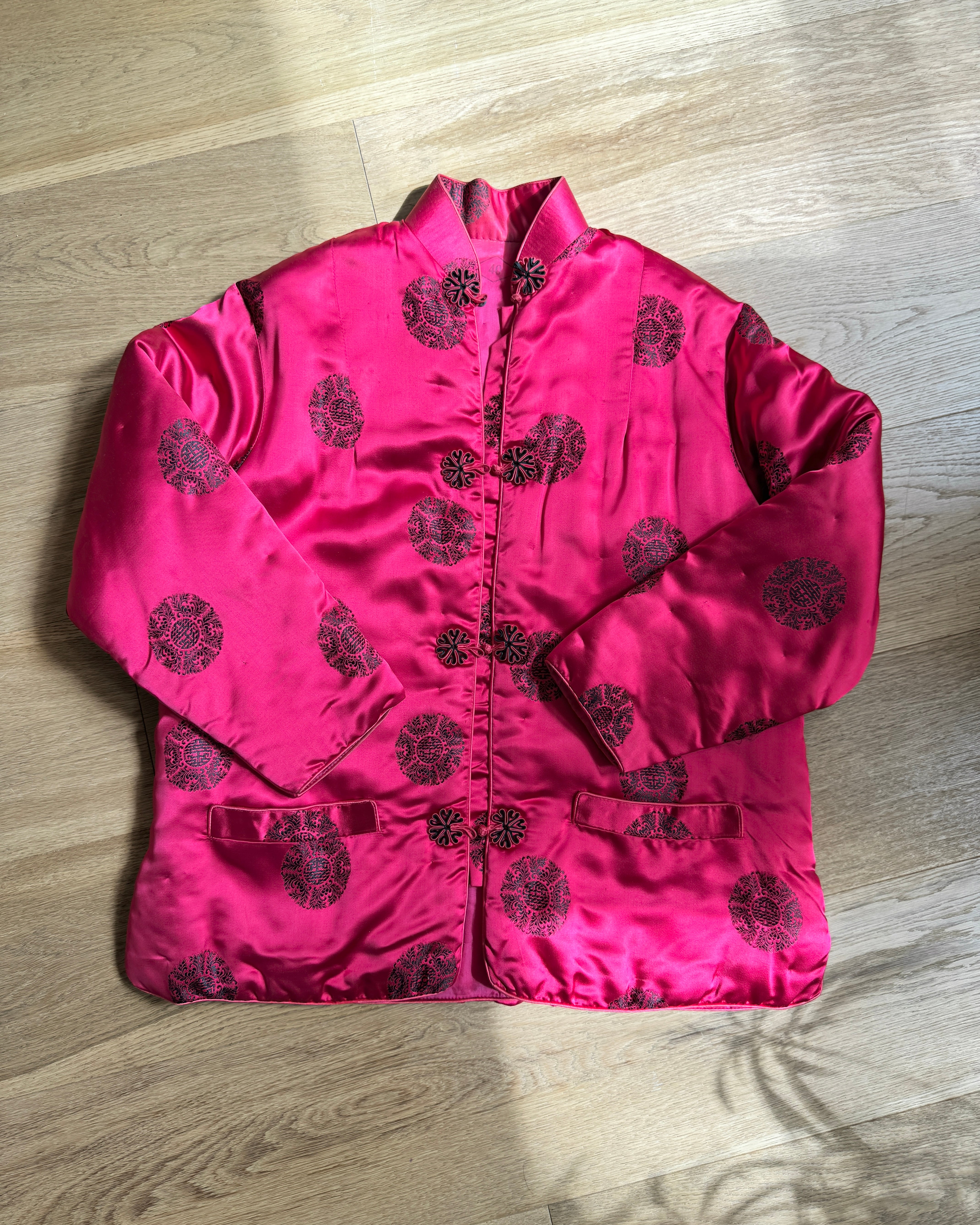 Vintage 1960s Silk Satin Chinese Quilted Brocade Rasberry and Black Jacket with Frog Buttons and Mandarin Collar