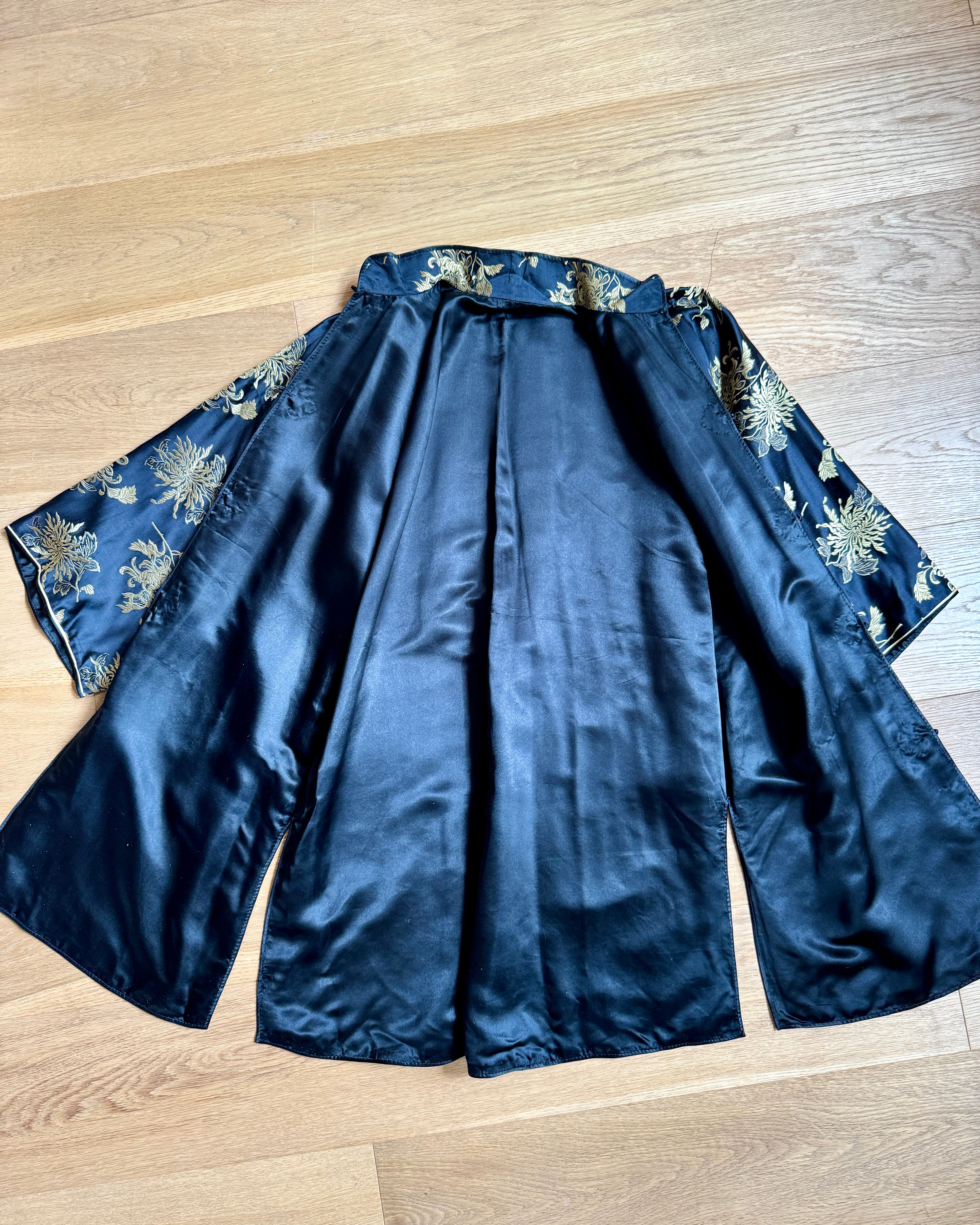 Vintage Black Silk with Gold Chrysanthemum Floral Brocade and Frog Buttons and Mandarin Collar Tunic Jacket Kimono