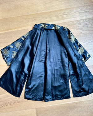 Vintage Black Silk with Gold Chrysanthemum Floral Brocade and Frog Buttons and Mandarin Collar Tunic Jacket Kimono
