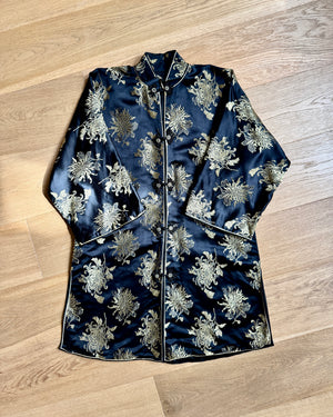 Vintage Black Silk with Gold Chrysanthemum Floral Brocade and Frog Buttons and Mandarin Collar Tunic Jacket Kimono