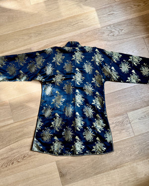 Vintage Black Silk with Gold Chrysanthemum Floral Brocade and Frog Buttons and Mandarin Collar Tunic Jacket Kimono