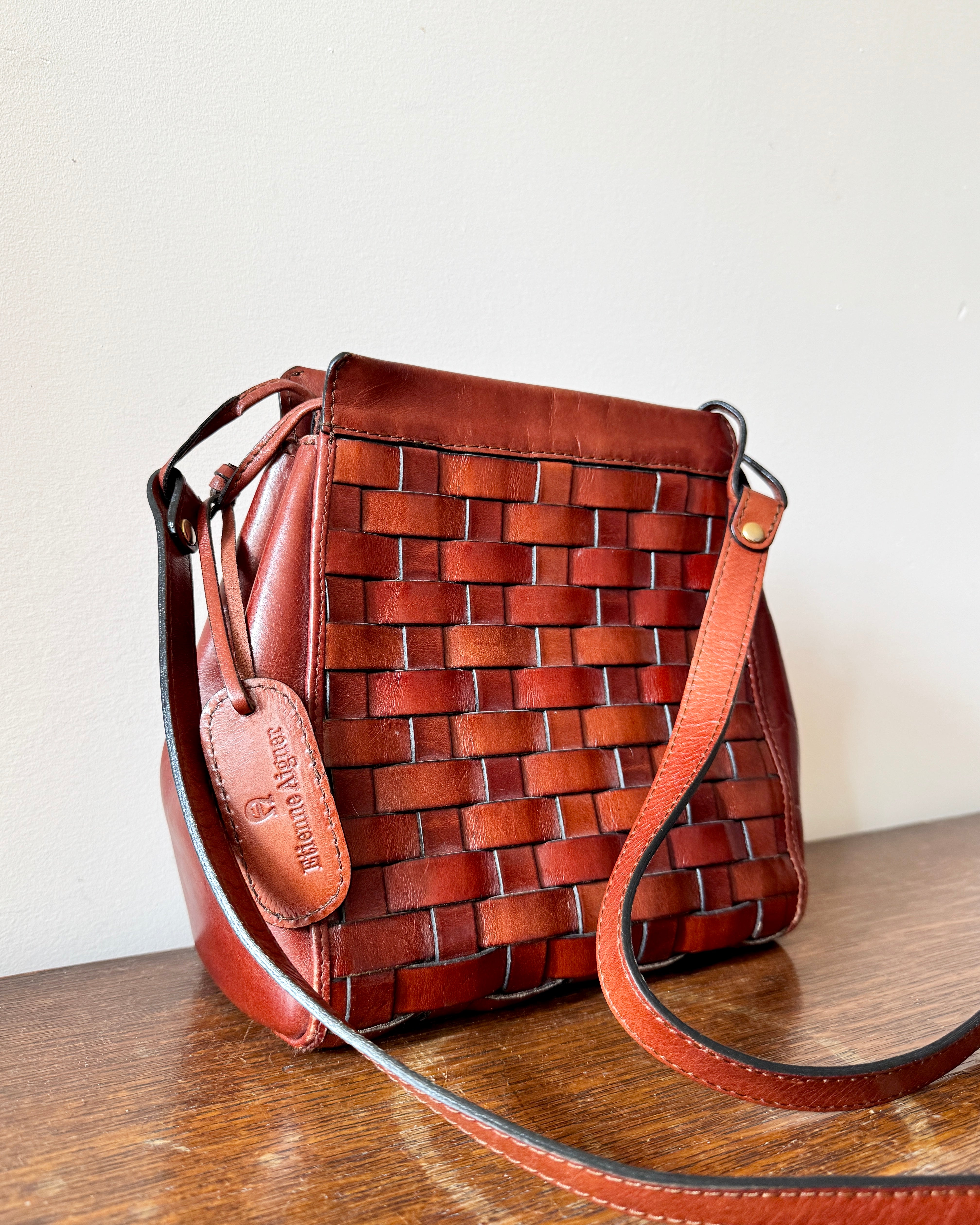 Vintage Etienne Aigner Tan Leather Basket Weave Shoulder Cross Body Bag