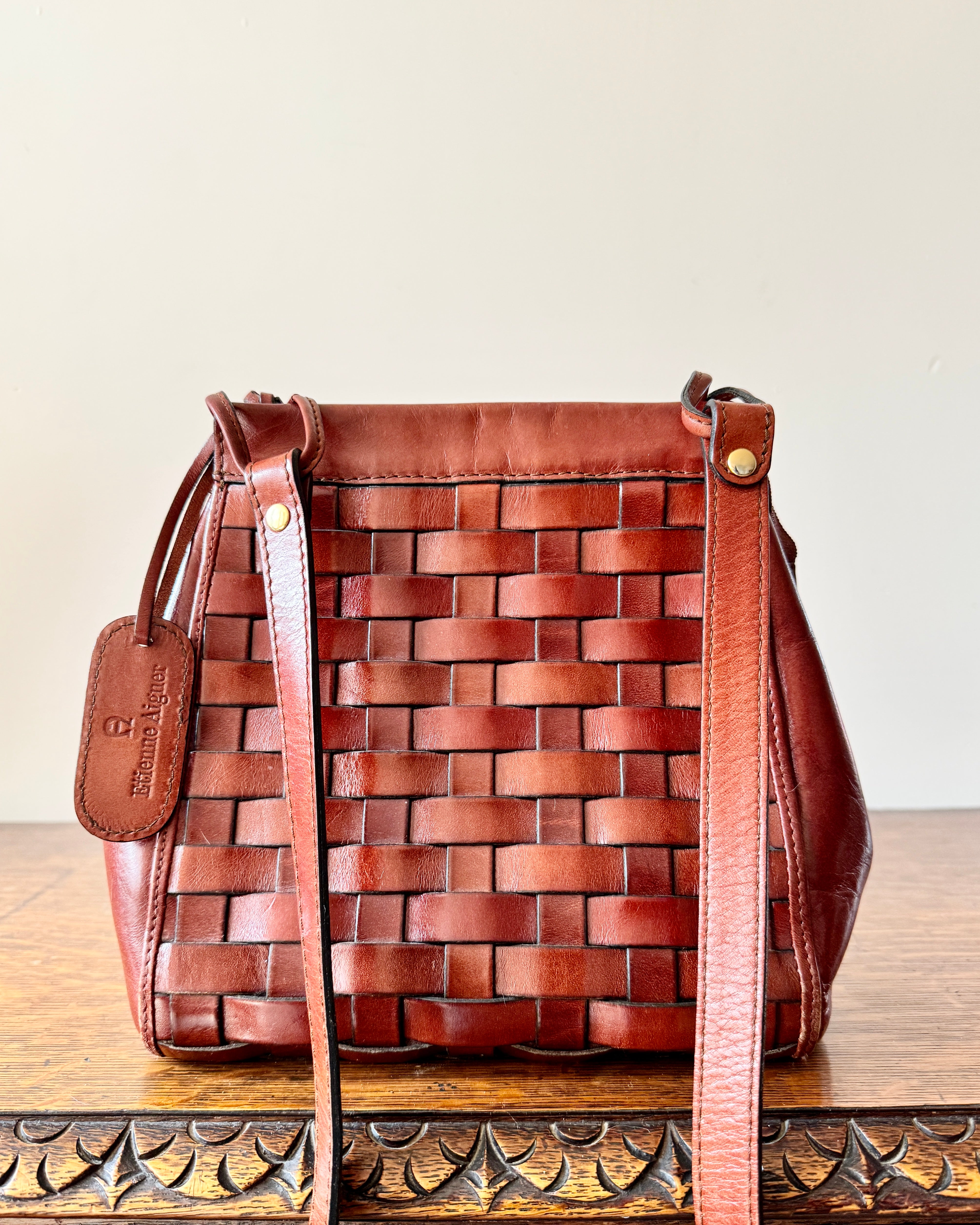 Vintage Etienne Aigner Tan Leather Basket Weave Shoulder Cross Body Bag