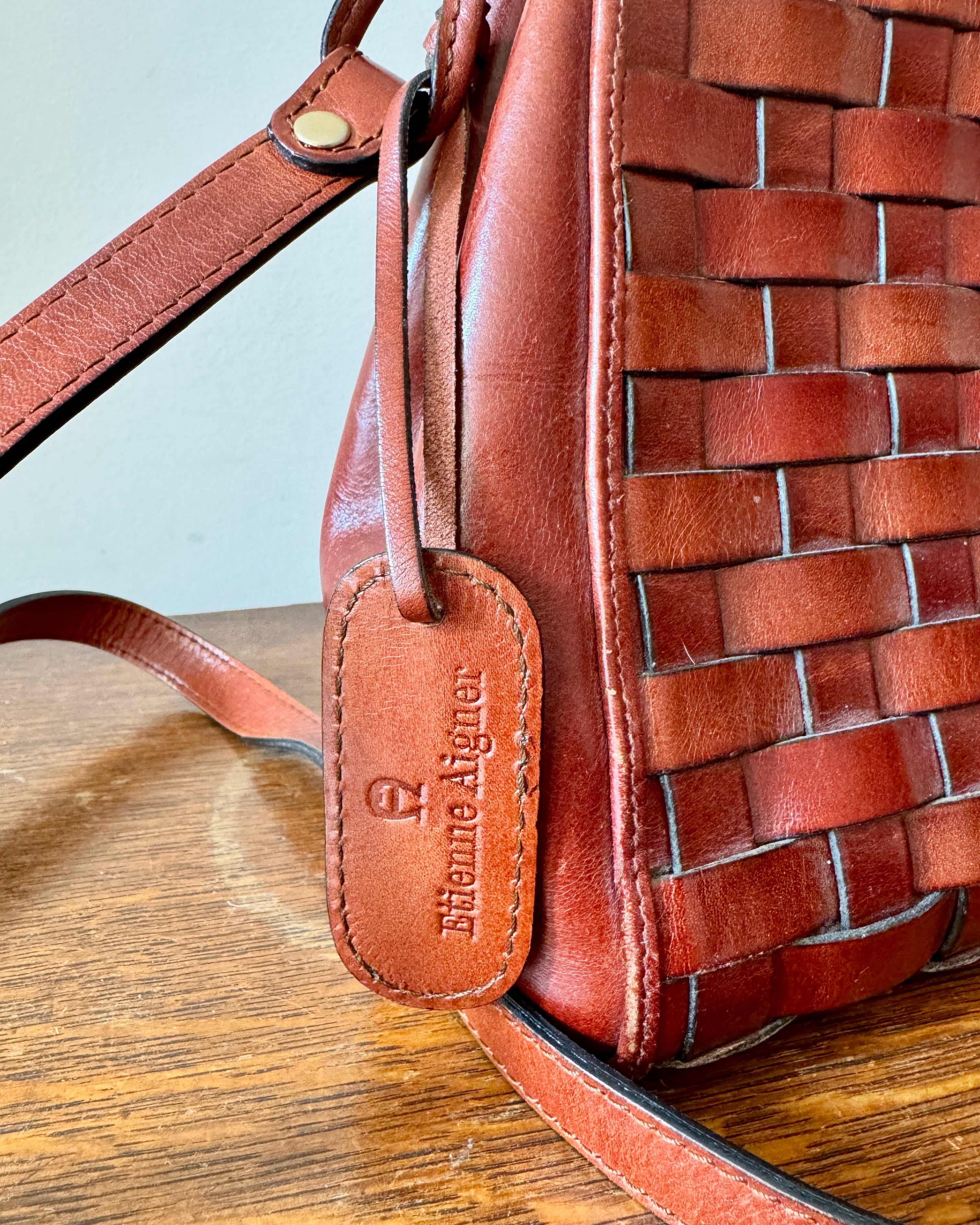 Vintage Etienne Aigner Tan Leather Basket Weave Shoulder Cross Body Bag