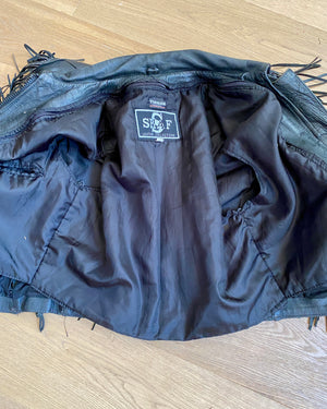 Vintage 1980s Black Fringe Biker Motorcycle Heavy Weight Genuine Leather Jacket S M