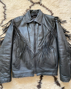 Vintage 1980s Black Fringe Biker Motorcycle Heavy Weight Genuine Leather Jacket S M