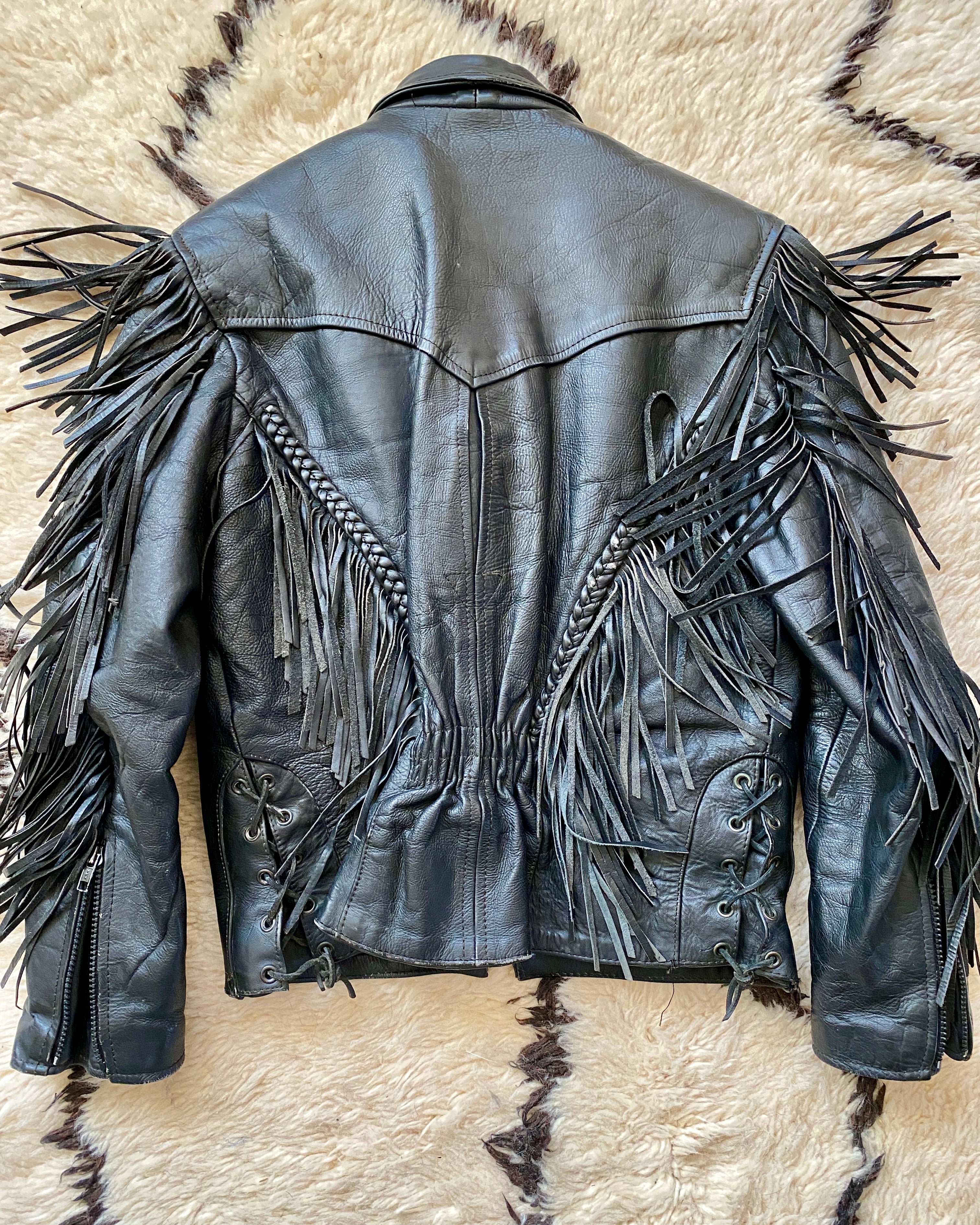 Vintage 1980s Black Fringe Biker Motorcycle Heavy Weight Genuine Leather Jacket S M