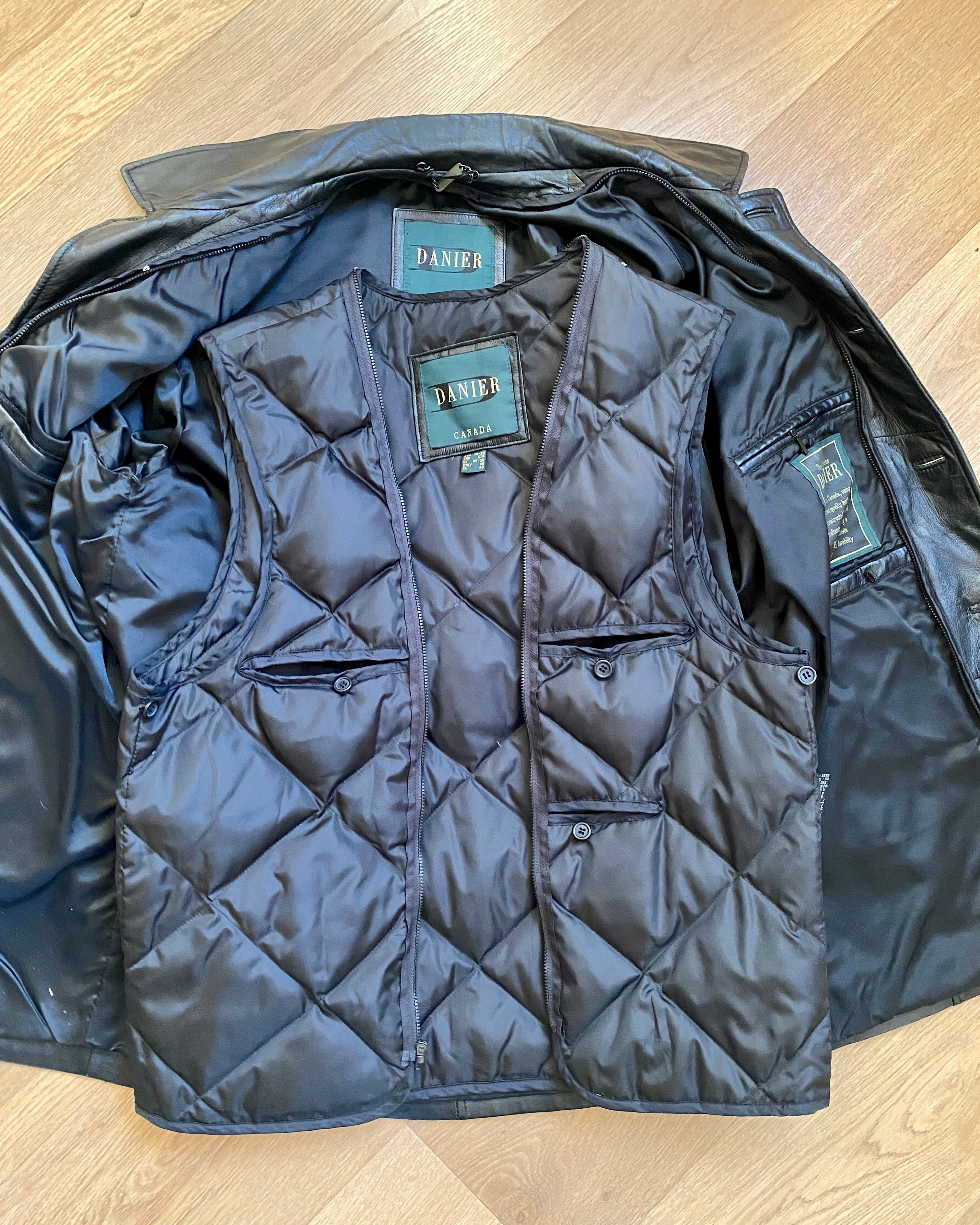 Vintage DANIER Y2K Minimalist Black Leather Button Front Jacket With Quilted Vest Liner Like New Condition Women's L Mens M