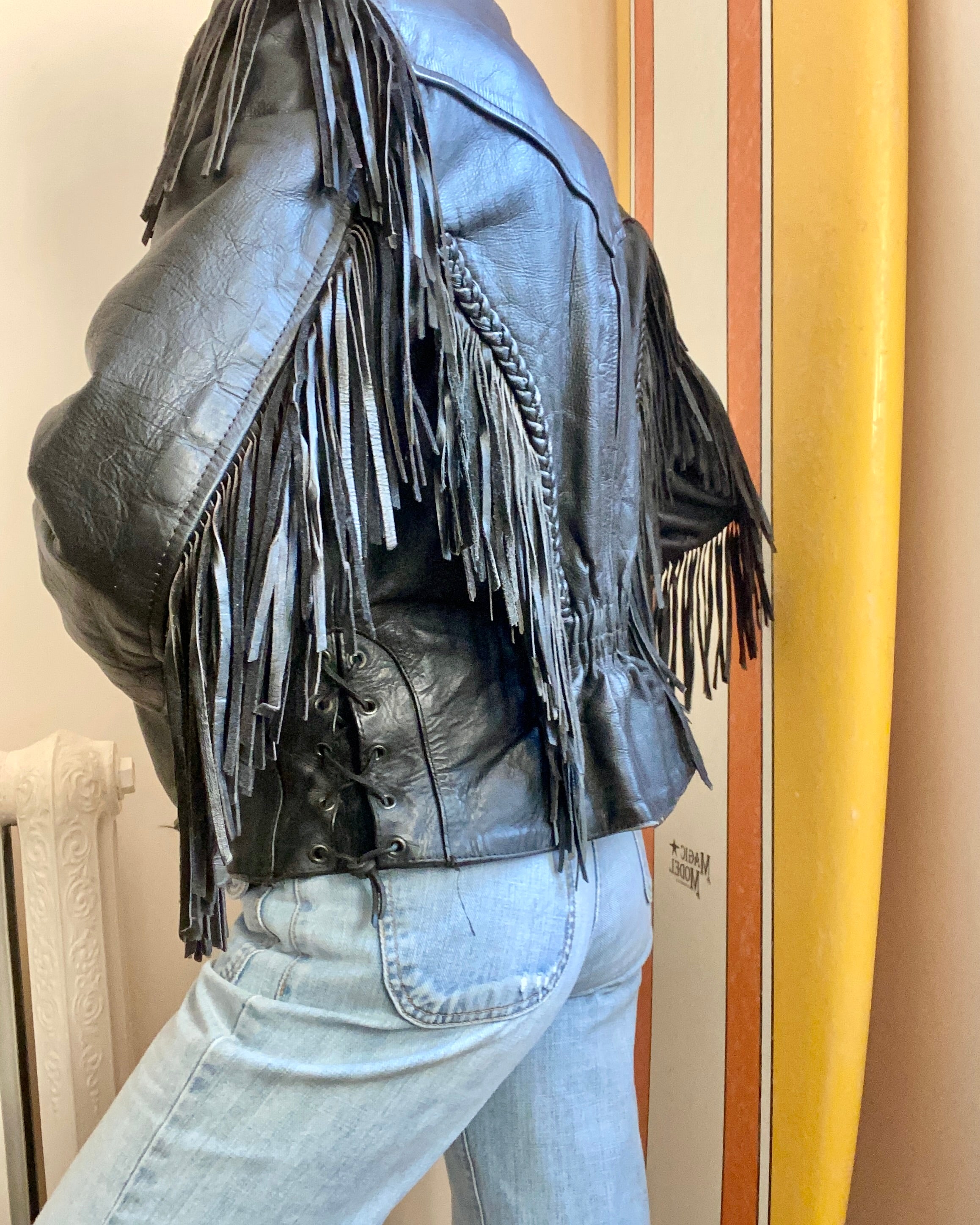 Vintage 1980s Black Fringe Biker Motorcycle Heavy Weight Genuine Leather Jacket S M