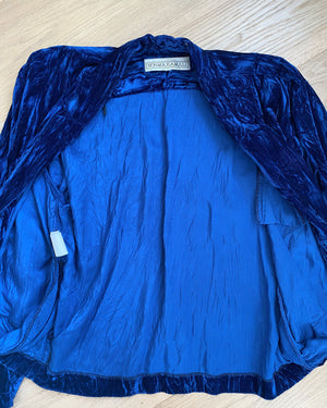Vintage 1980s NORMA KAMALI Blue Crinkled / Crushed Velvet Blazer With Tie M L
