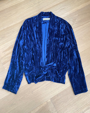 Vintage 1980s NORMA KAMALI Blue Crinkled / Crushed Velvet Blazer With Tie M L