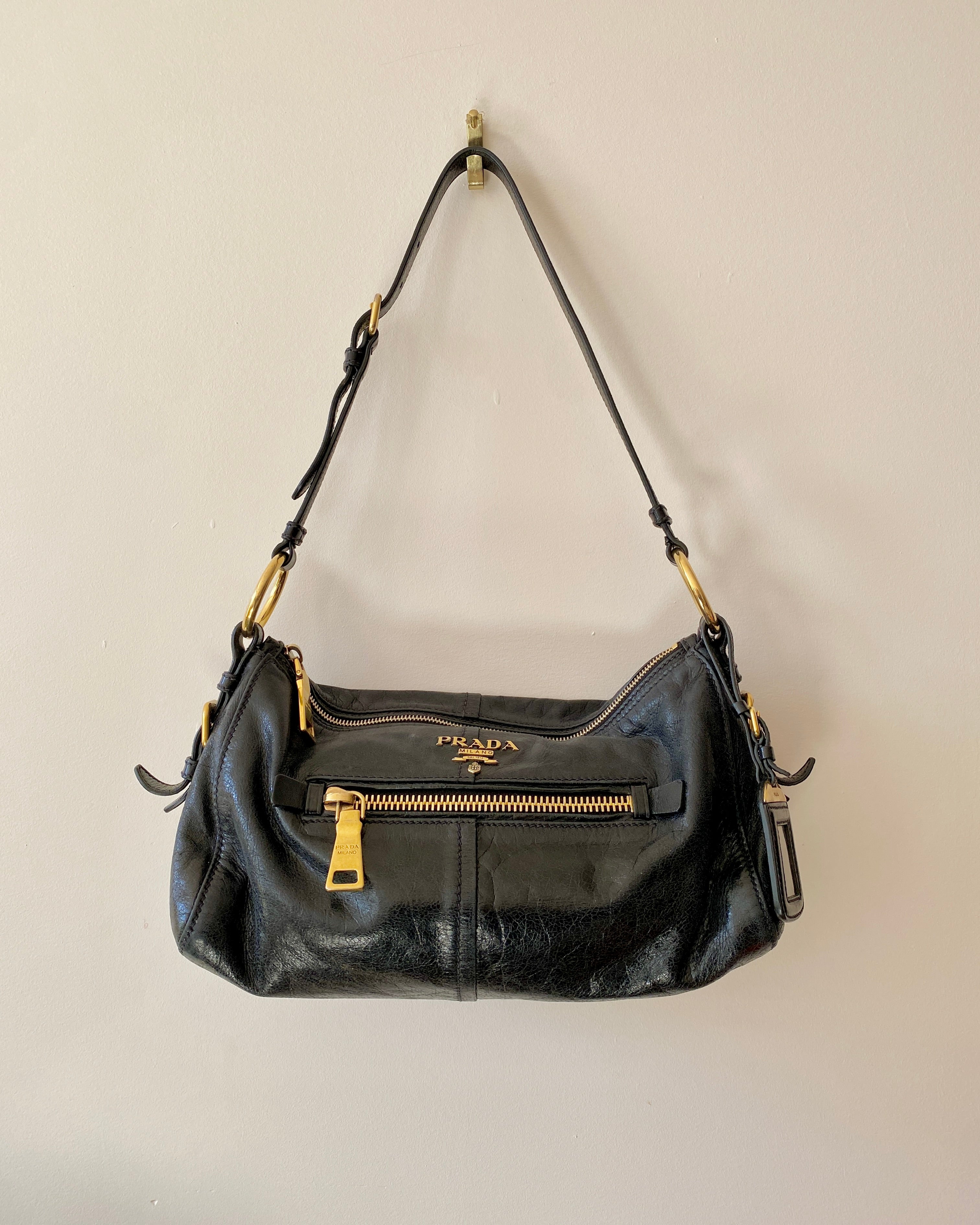 Vintage Y2K PRADA Vitello Shine Black Shoulder Bag With Gold Tone Hardware
