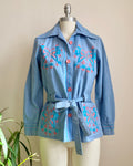 Vintage 1970s RUBEN'S Mexican Denim Blue Jean Shirt Jacket with Pink Butterfly Embroidery Size XS S