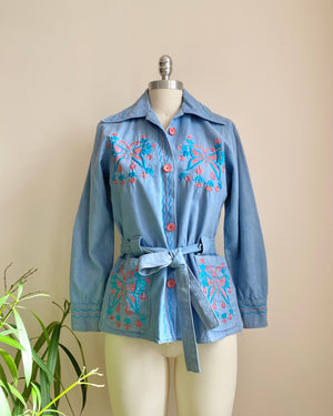 Vintage 1970s RUBEN'S Mexican Denim Blue Jean Shirt Jacket with Pink Butterfly Embroidery Size XS S