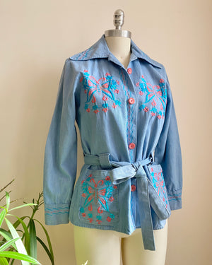 Vintage 1970s RUBEN'S Mexican Denim Blue Jean Shirt Jacket with Pink Butterfly Embroidery Size XS S