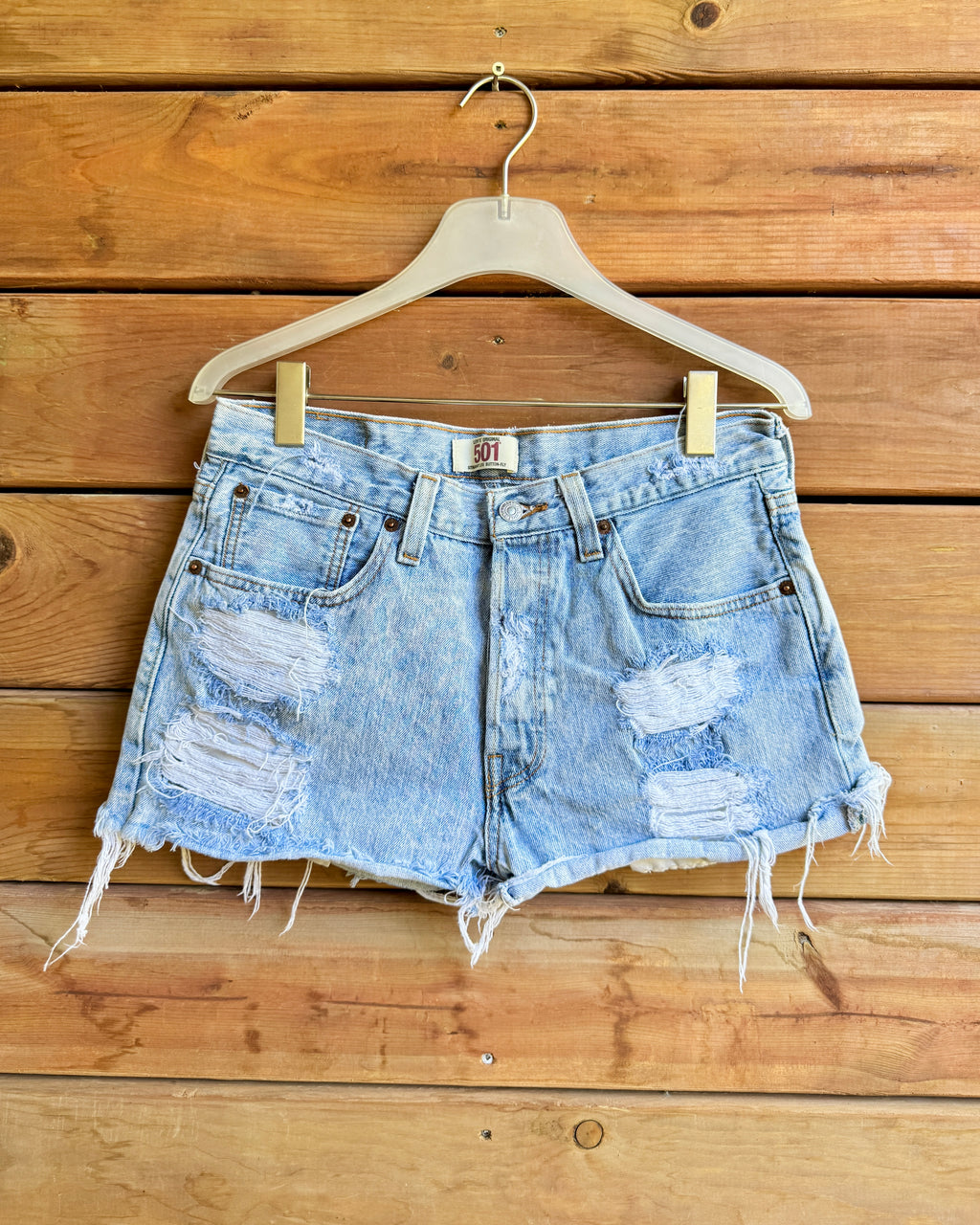 Vintage 501 Levis light Wash Denim Distressed Cutoffs Button Fly Jean Shorts 31 32