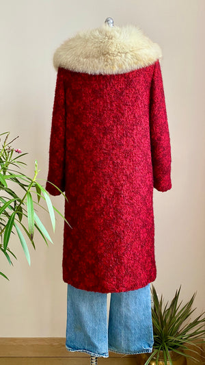 Vintage 1960s Wool Tweed Boucle Red Coat With Fox Fur Collar M