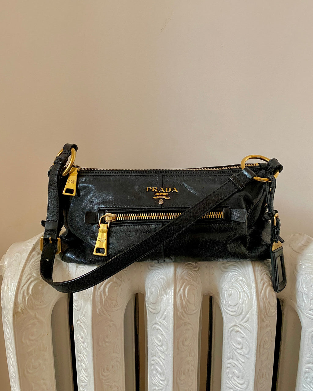 Vintage Y2K PRADA Vitello Shine Black Shoulder Bag With Gold Tone Hardware